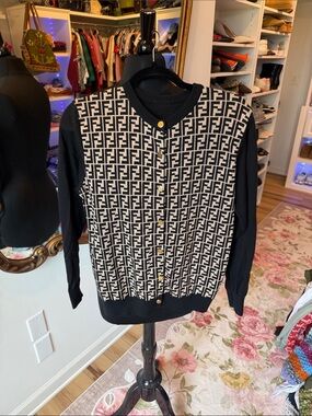 Fendi Black & Ivory FF Logo Button-Front Cardigan